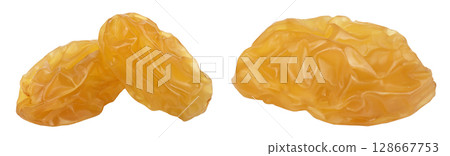 Yellow raisin isolated on white background with full depth of field 128667753