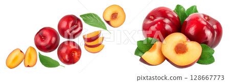 fresh red plum and half with leaves isolated on white background with copy space for your text. Top view. Flat lay fresh red plum and half with leaves isolated on white background with copy space for your text. Top view. Flat lay 128667773