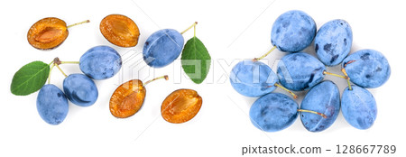 plums with leaf isolated on a white background with copy space for your text. Top view. Flat lay pattern plums with leaf isolated on a white background with copy space for your text. Top view. Flat lay pattern 128667789
