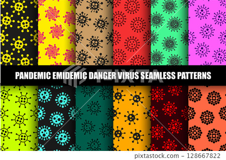 Colorful seamless virus pattern collection. Pandemic danger bright cartoon backgrounds with abstract medical bacteria symbols. Vector set for fabric, design, print, wallpaper, cover, covid concept Colorful seamless virus pattern collection. Pandemic danger bright cartoon backgrounds with abstract medical bacteria symbols. Vector set for fabric, design, print, wallpaper, cover, covid concept 128667822