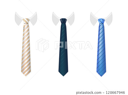 3d Realistic Neck tie with white collar. Tie neck vector with different stripe pattern. Vector 3d Realistic Neck tie with white collar. Tie neck vector with different stripe pattern. Vector 128667946
