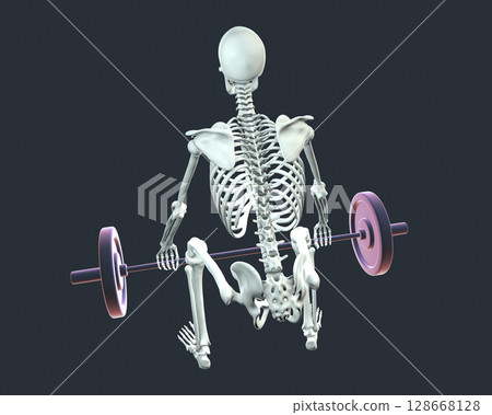 A human skeleton lifting a barbell, 3d illustration 128668128