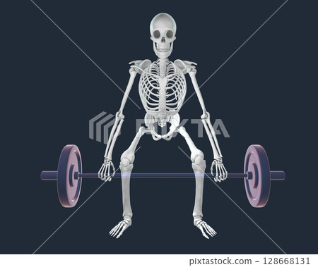 A human skeleton lifting a barbell, 3d illustration 128668131