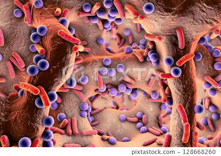 Spherical and rod-shaped bacteria inside bone tissue 128668260