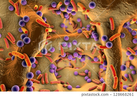 Spherical and rod-shaped bacteria inside bone tissue 128668261