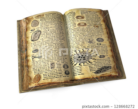 Open antique book with medical drawing, illustration 128668272