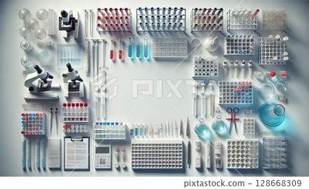 A modern, futuristic scientific laboratory interior featuring advanced technology, sleek workstations, and high-tech equipment, generative AI illustration. 128668309