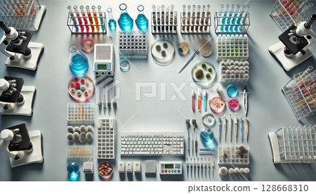 A modern, futuristic scientific laboratory interior featuring advanced technology, sleek workstations, and high-tech equipment, generative AI illustration. 128668310