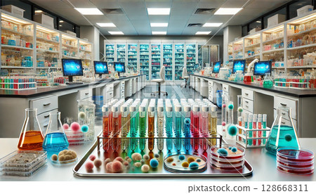 A modern, futuristic scientific laboratory interior featuring advanced technology, sleek workstations, and high-tech equipment, generative AI illustration. 128668311