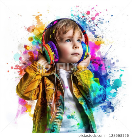 Colorful pastel splash hair on boy in headphones, soft light digital art with white background 128668356