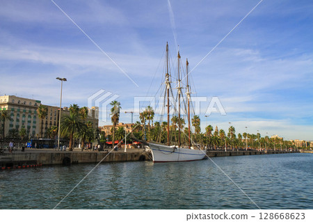 beautiful ships and boats are moored near the shore 128668623