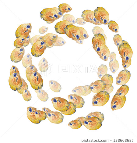 Round text frame with tropical yellow fish on a white background. Watercolor illustration of reef fish. The ocean and marine life theme is perfect for summer design, postcards, packaging, printing. Round text frame with tropical yellow fish on a white background. Watercolor illustration of reef fish. The ocean and marine life theme is perfect for summer design, postcards, packaging, printing. 128668685