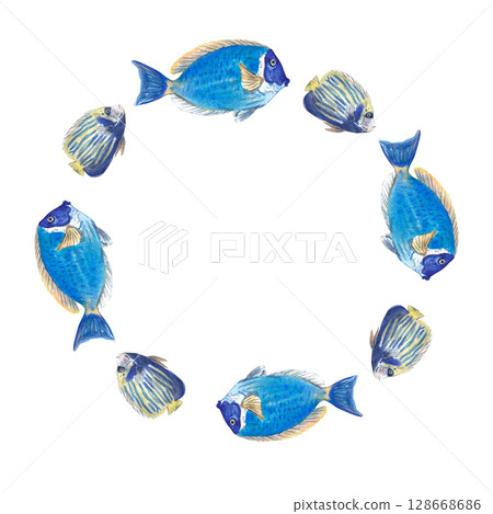 Round frame made of blue tropical fish with elegant fins. Watercolor illustration painted by hand. Ocean and sea life theme perfect for summer designs. Great for cards, labels, and digital projects. Round frame made of blue tropical fish with elegant fins. Watercolor illustration painted by hand. Ocean and sea life theme perfect for summer designs. Great for cards, labels, and digital projects. 128668686
