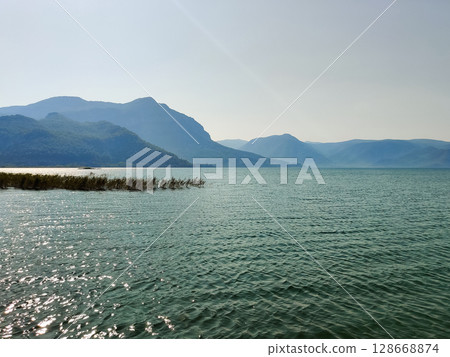 beautiful landscape of the lake against the background of mountains beautiful landscape of the lake against the background of mountains 128668874