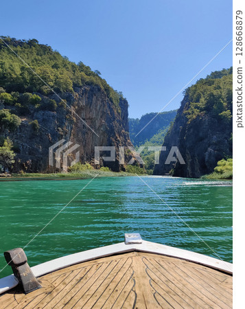 the deck of a boat on a beautiful seascape 128668879