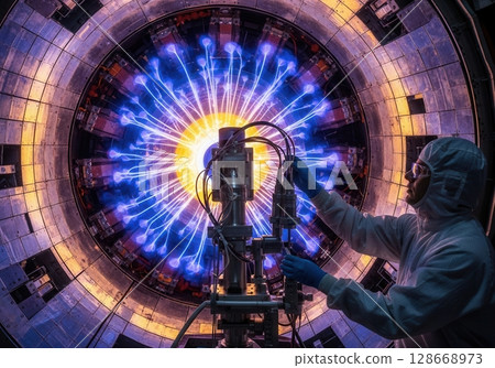 Engineer adjusts diagnostic arm in tokamak interior with diverging plasma glow 128668973