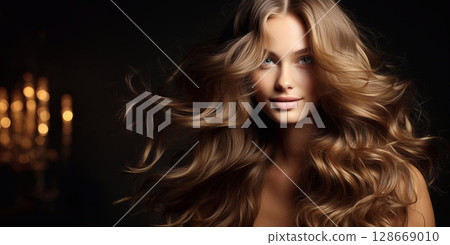 Beautiful woman with shiny silky wavy long brown hair on dark backround.Macro.AI Generative 128669010