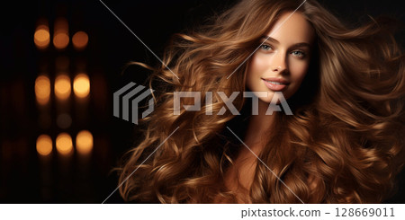 Beautiful woman with shiny silky wavy long brown hair on dark backround.Macro.AI Generative 128669011