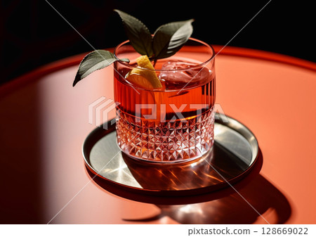 Bitter campari cocktail with ice and dry leaf on round table in bar lounge.Macro.AI Generative 128669022