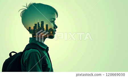 A schoolboy stands in profile, showcasing a double exposure of a recycling facility. This artistic representation emphasizes the importance of eco education for youth. 128669030