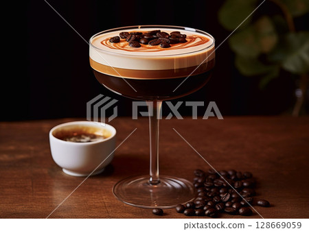 Espresso Martini cocktail glass with coffee beans on wooden bar table.Macro.AI Generative. 128669059