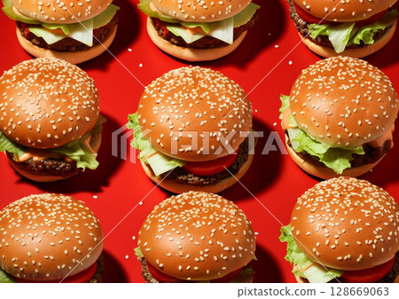 Many beef burgers cheeseburgers with vegetables and sauce pattern on red background.AI Generative. 128669063