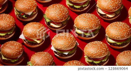 Many beef burgers cheeseburgers with vegetables and sauce pattern on red background.AI Generative. 128669064