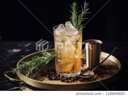 Old fashioned cocktail with ice and rosemary on round tray with coffee beans.Macro.AI Generative 128669085