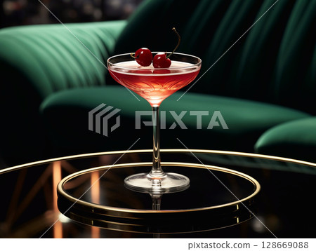 Cocktail in modern prosecco glass with cherry on black mirror table and green sofa.AI Generative 128669088