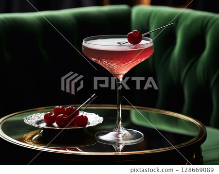 Red cherry alcohol cocktail in modern prosecco glass on black mirror table.AI Generative 128669089