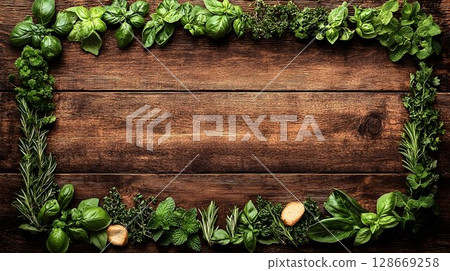 Fresh herbs frame rustic wooden background culinary food texture Fresh herbs frame rustic wooden background culinary food texture 128669258