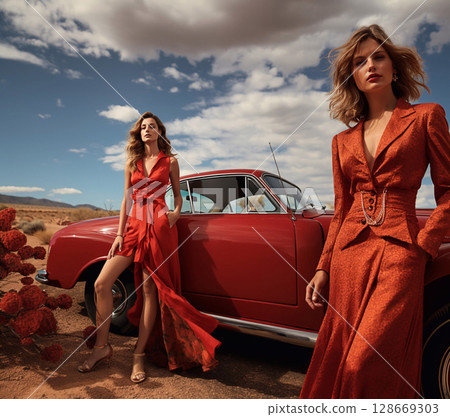 Two beautiful women in red designer silk dress next to vintage red sport car.AI Generative 128669303