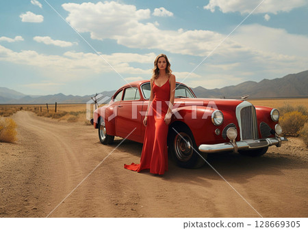 Fashion model woman in red designer silk dress next to vintage retro sport car.AI Generative 128669305
