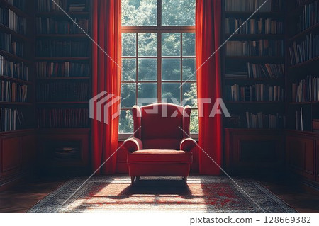 Sunlit library with red armchair and bookshelves 128669382