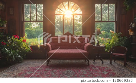 Sunlit room with antique sofa and plants vintage interior design Sunlit room with antique sofa and plants vintage interior design 128669383