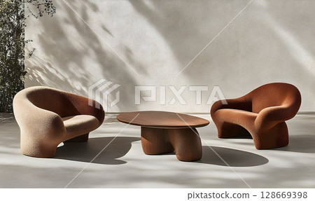 Modern armchairs and coffee table in sunlight soft textures and neutral colors 128669398
