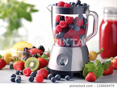 Fresh ripe fruits and berries for healthy breakfast drink with blender mixer.AI Generative Fresh ripe fruits and berries for healthy breakfast drink with blender mixer.AI Generative 128669479