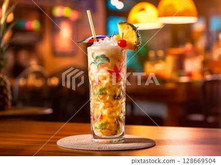 Pina colada cocktail with frosty ice and straw and cocktail cherry on bar counter.AI Generative 128669504