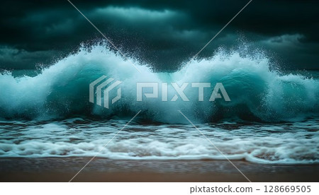 Dramatic ocean waves crashing on sandy beach under stormy sky 128669505
