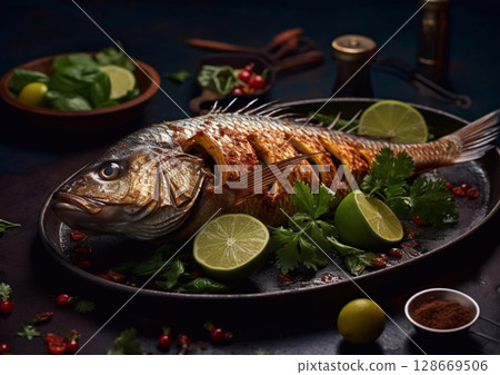 Whole grilled fish with skin on metal plate with parsley and lime on black table.Macro.AI Generative 128669506
