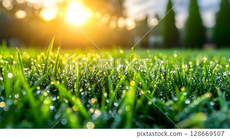 Morning dew on lush green grass nature photography background 128669507
