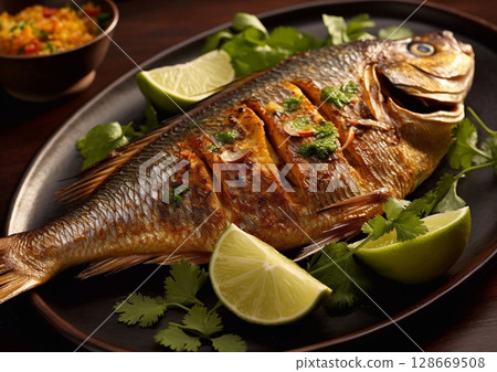 Whole grilled fish with skin on metal plate with parsley and lime on black table.Macro.AI Generative 128669508