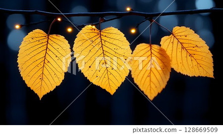 Glowing autumn leaves night photography warm seasonal nature image Glowing autumn leaves night photography warm seasonal nature image 128669509