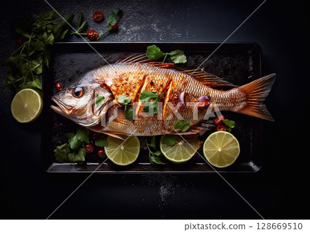 Whole grilled fish with skin on metal plate with parsley and lime on black table.Macro.AI Generative Whole grilled fish with skin on metal plate with parsley and lime on black table.Macro.AI Generative 128669510