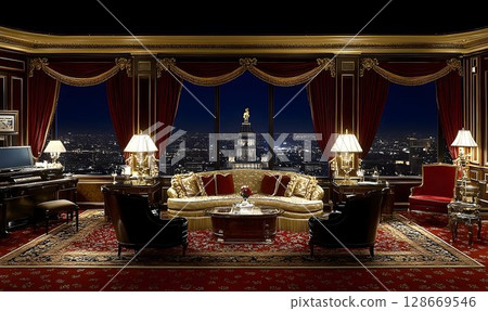 Elegant night city view apartment interior luxurious living room design Elegant night city view apartment interior luxurious living room design 128669546