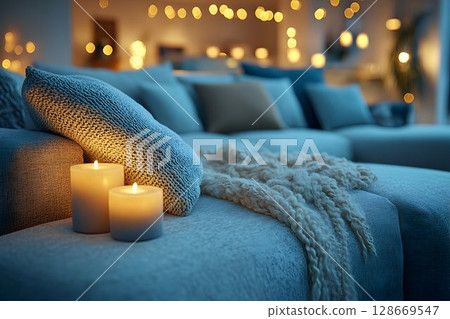 Cozy living room interior warm lighting soft pillows and candles Cozy living room interior warm lighting soft pillows and candles 128669547
