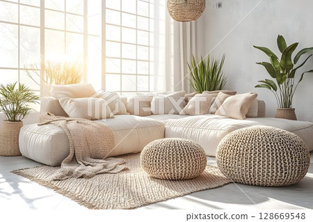 Bright living room interior with sectional sofa and knitted poufs Bright living room interior with sectional sofa and knitted poufs 128669548