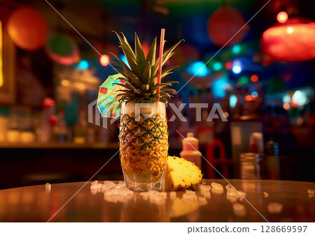 Pina colada cocktail drink with pineapple and ice and umbrella on bar table.Macro.AI Generative 128669597
