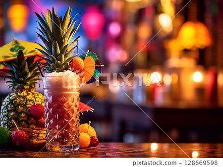 Glass of pina colada cocktail with pineapple slices and straw with cocktail cherry.AI Generative 128669598