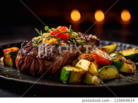Grilled beef steak with zucchini,tomato and rosemary on black background.Macro.AI Generative 128669614